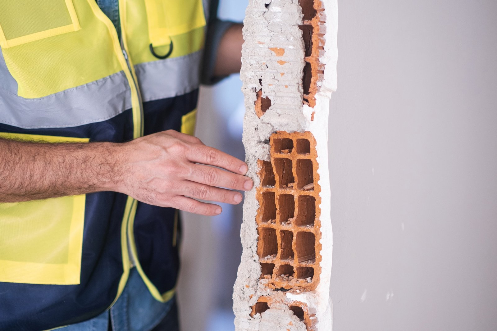Architect checking wall construction material construction quality control and earthquake-resistant